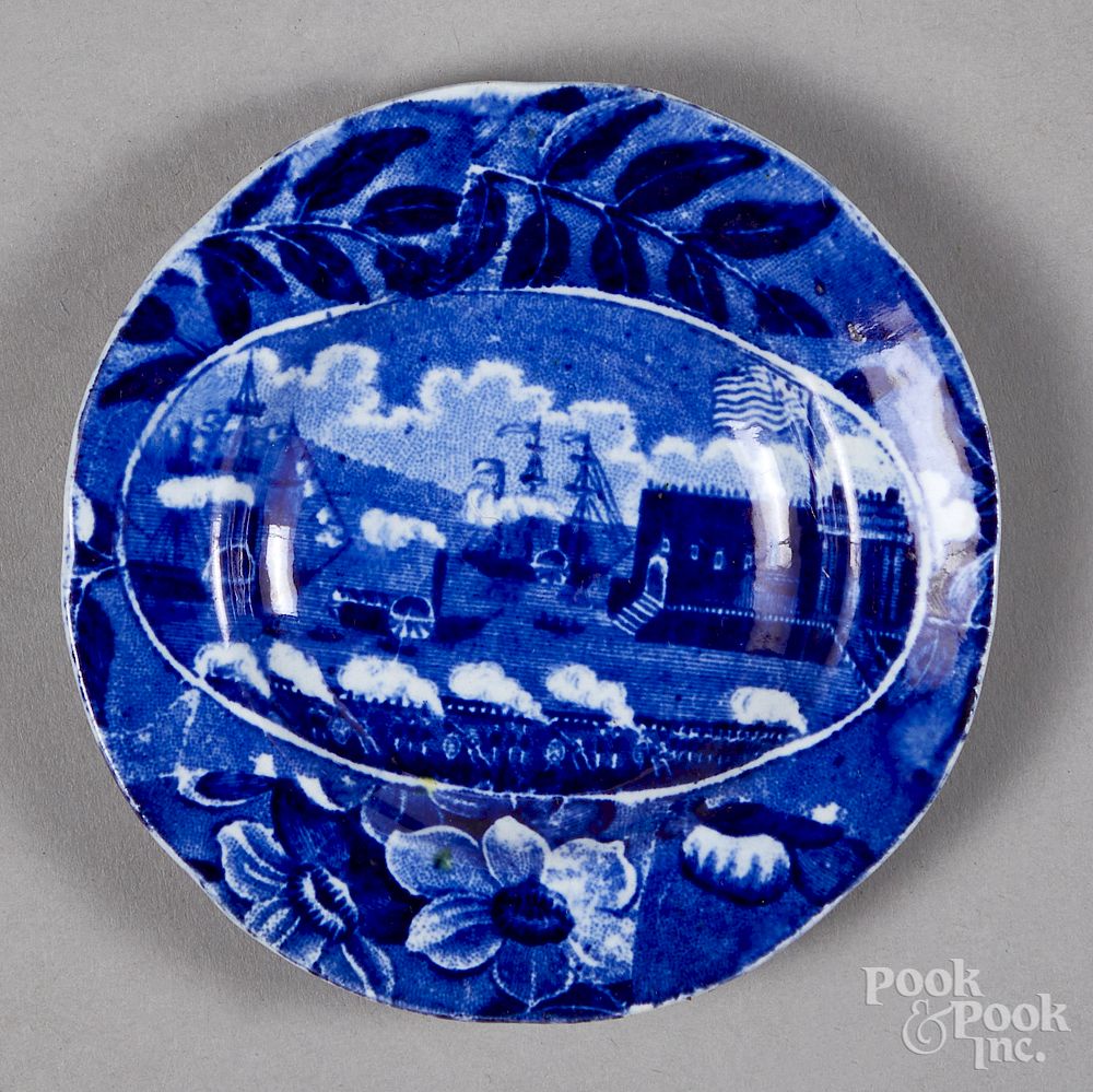 Appraisal: Historical blue Staffordshire cup plate Historical blue Staffordshire Landing of