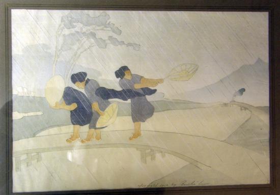 Appraisal: Japanese watercolour of three girls in a storm indistinctly signed