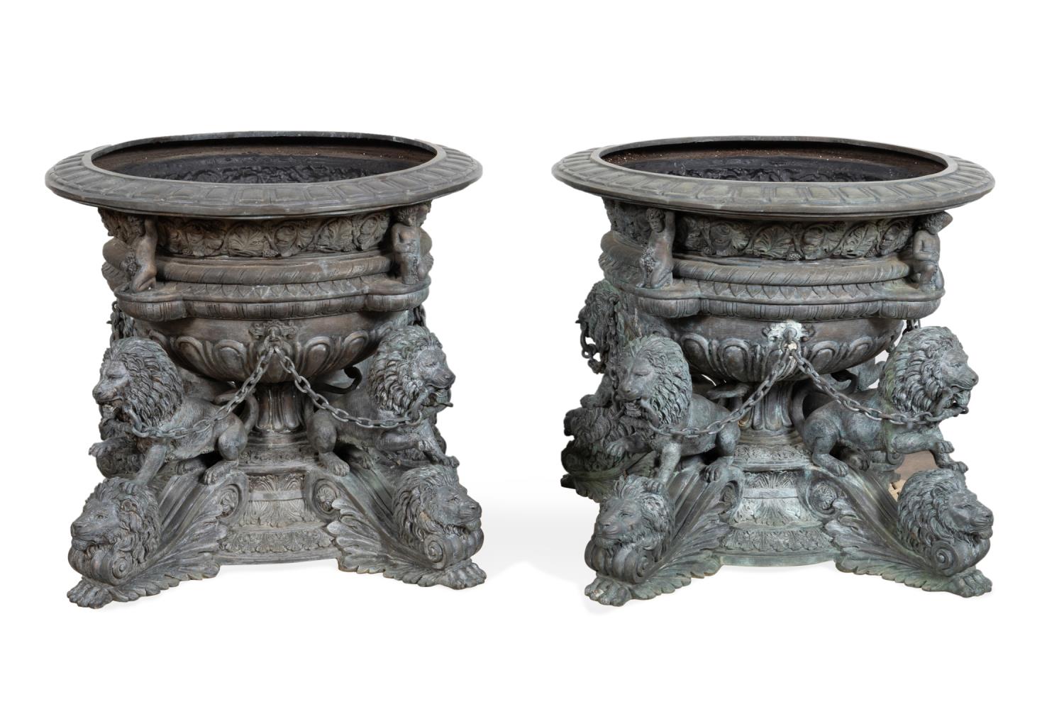 Appraisal: PAIR MONUMENTAL BRONZE PLANTERS WITH LIONS Pair of monumental bronze