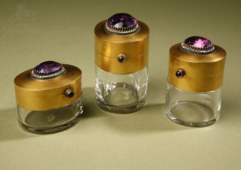 Appraisal: Three amethyst diamond gold glass vanity boxes Three amethyst diamond