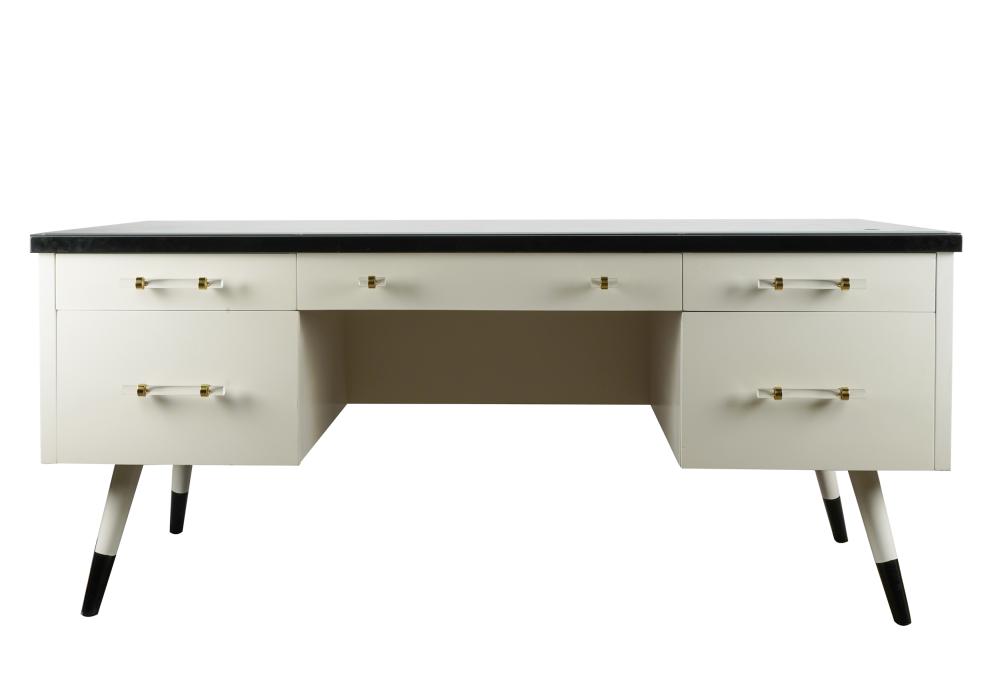 Appraisal: MODERNIST DESKunsigned black and white-lacquered wood glass acrylic and brass-finish