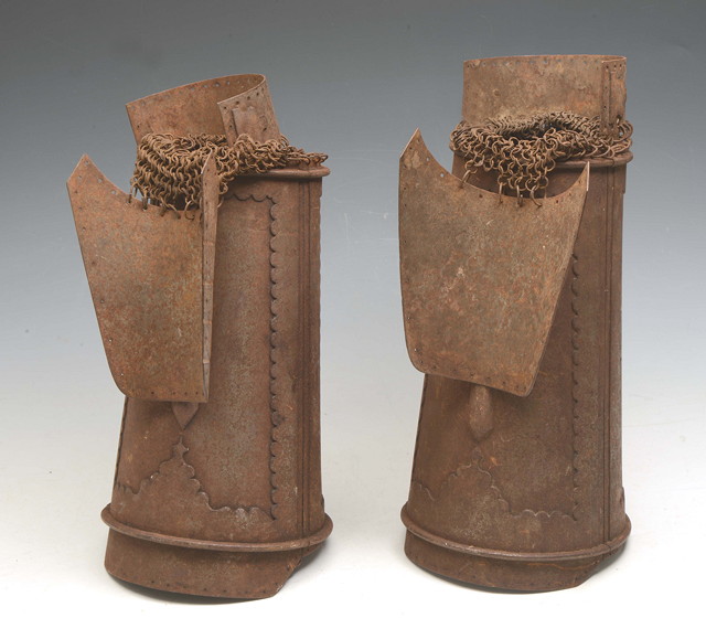 Appraisal: A PAIR OF INDIAN STEEL FOOT GUARDS with mail th