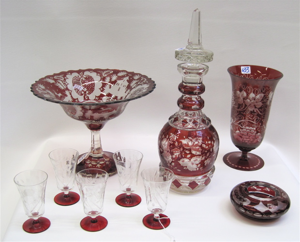 Appraisal: COLLECTION BOHEMIAN RUBY RED CLEAR GLASS pieces variety of patterns