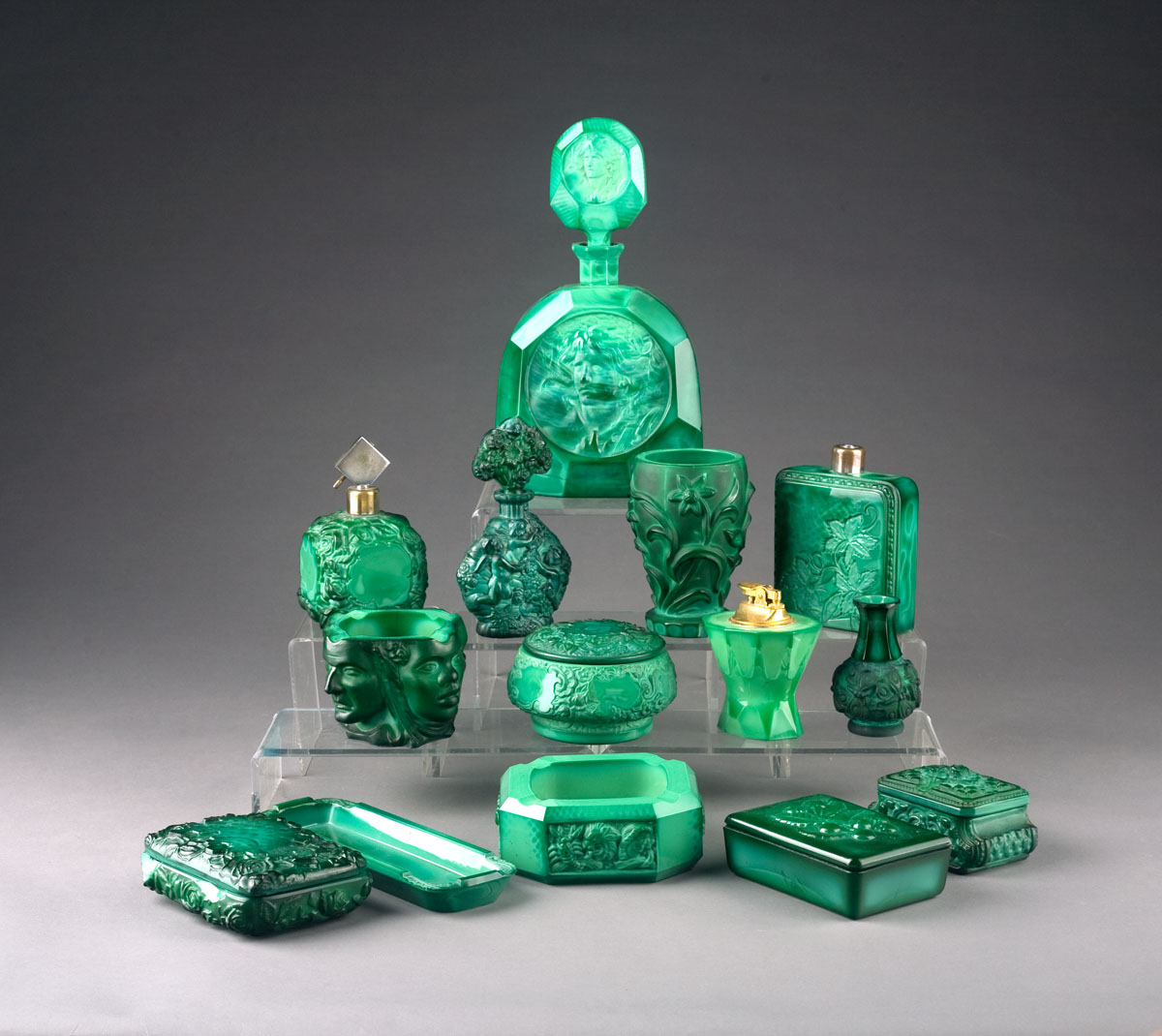 Appraisal: FOURTEEN ART DECO MALACITE GLASS OBJECTS