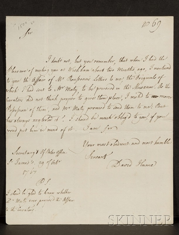 Appraisal: Hume David - and Rousseau Jean Jacques - Autograph letter