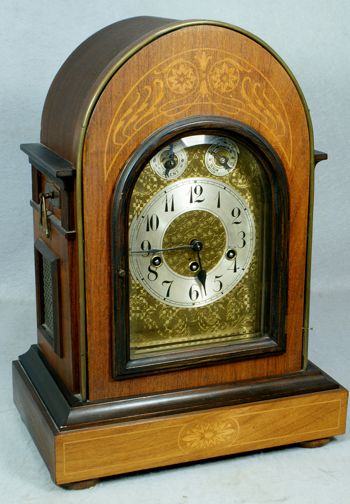 Appraisal: Inlaid mahogany Junghans bracket clock wire Westminster chimes h runs