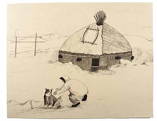 Appraisal: Eskimo Pen and Ink Drawing unsigned tender scene of a