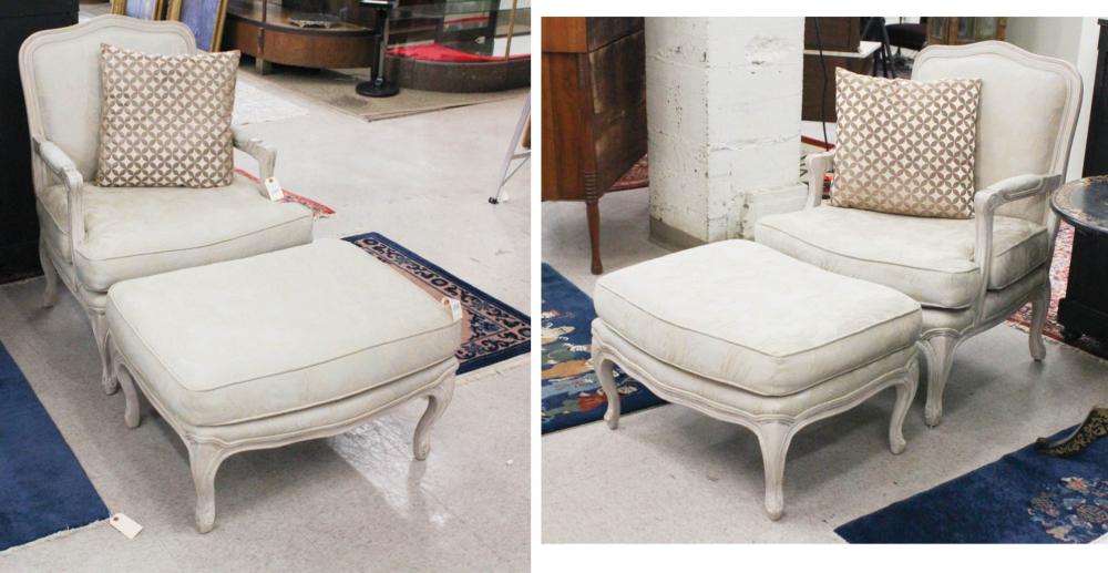 Appraisal: PAIR OF LOUIS XV STYLE ARMCHAIRS WITH MATCHING OTTOMANS ivory