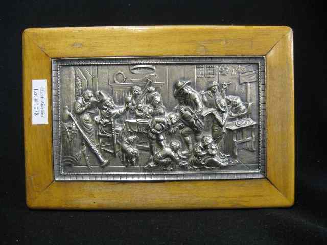 Appraisal: European Silverplate Wooden Box festive tavern scene in bas-relief inlaid