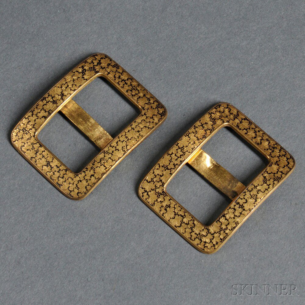 Appraisal: Pair of Japanese Brass and Niello Buckles late th early