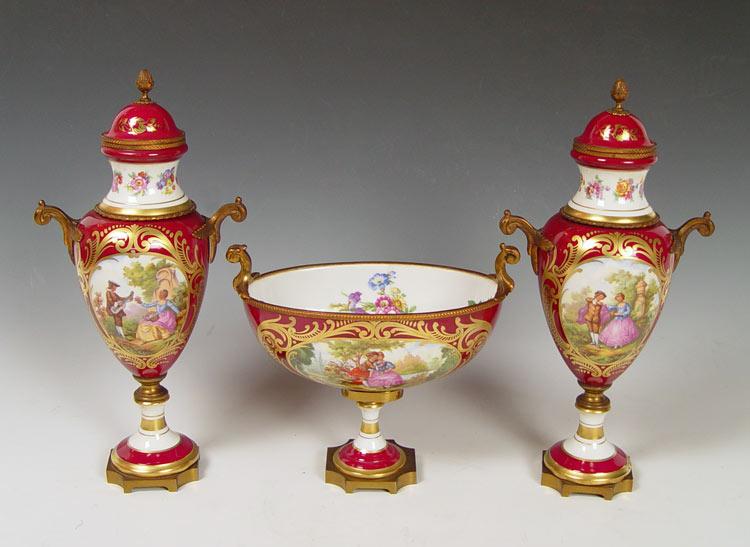 Appraisal: PIECE FRENCH PORCELAIN CONSOLE BOWL AND GARNITURE Metal mounted pedestal