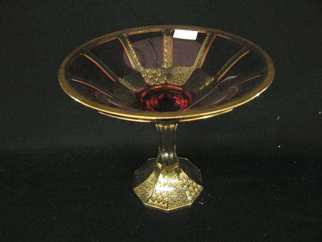 Appraisal: Moser Art Glass Compote cathedral style cranberry decor elaborate gold