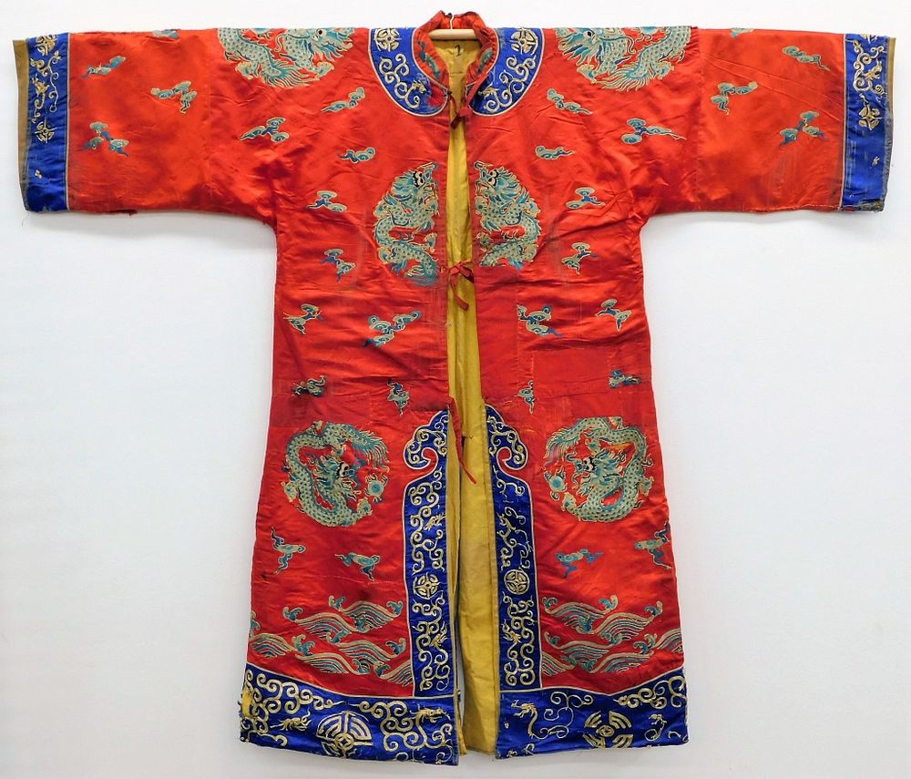 Appraisal: Chinese Silk Red and Blue Dragon Kimono China th Century