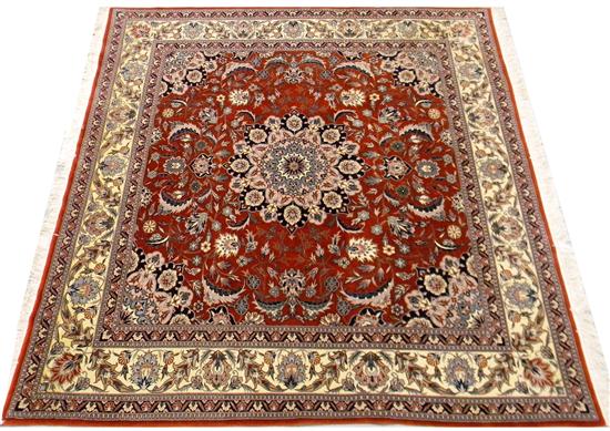 Appraisal: Modern Persian style hand-woven burgundy field camel-colored border starburst in