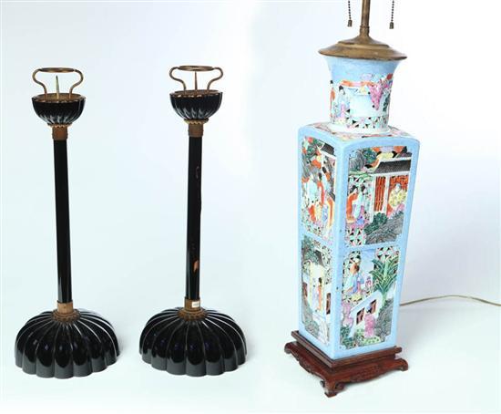 Appraisal: THREE LIGHTING PIECES Asian th century Ceramic paneled lamp with