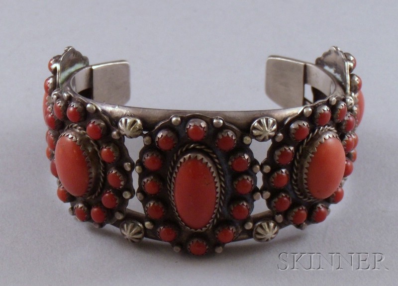 Appraisal: Southwestern Sterling Silver and Red Coral Cuff No maker's mark