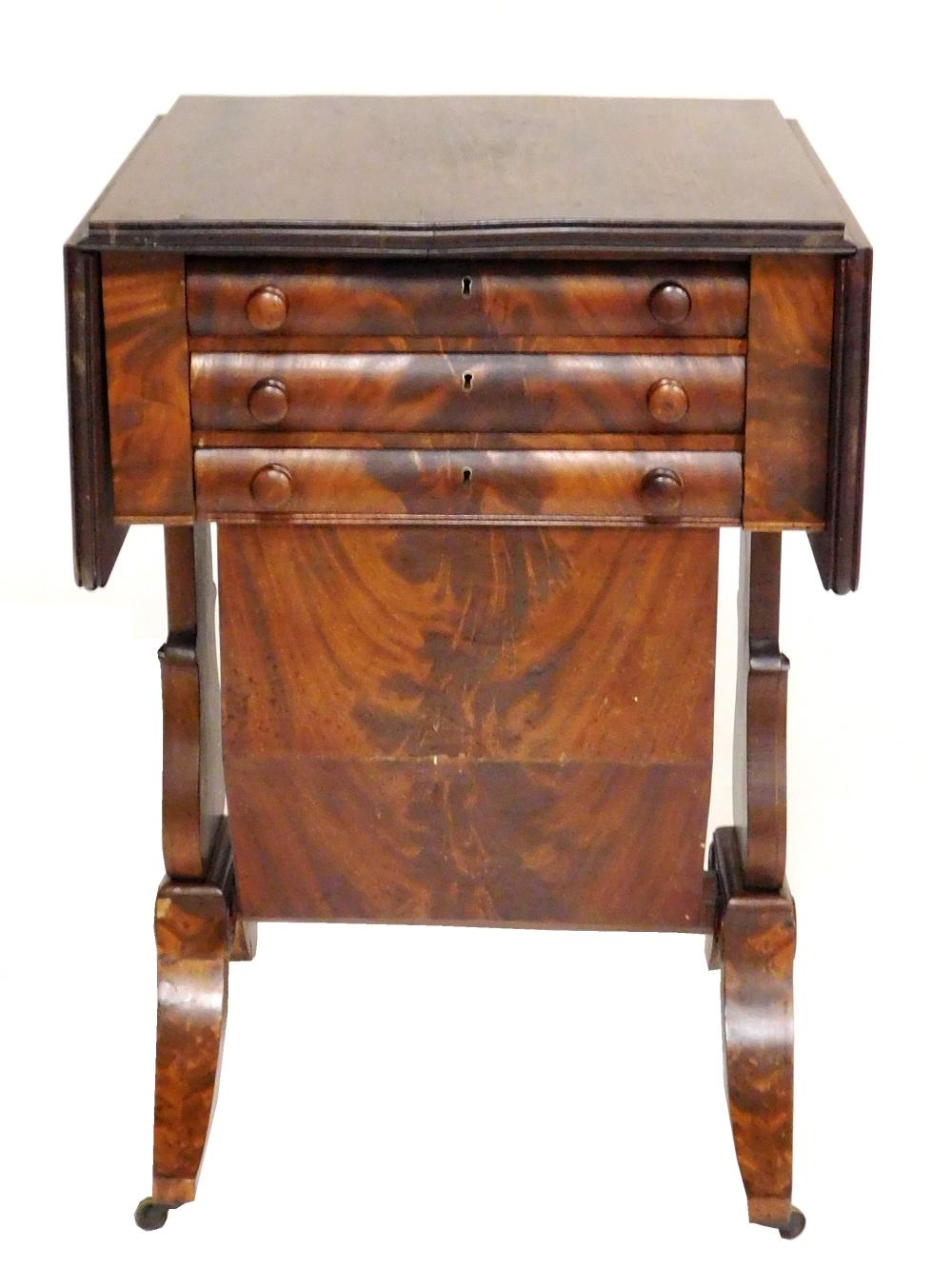 Appraisal: Work table American c mahogany and mahogany veneer pine secondary