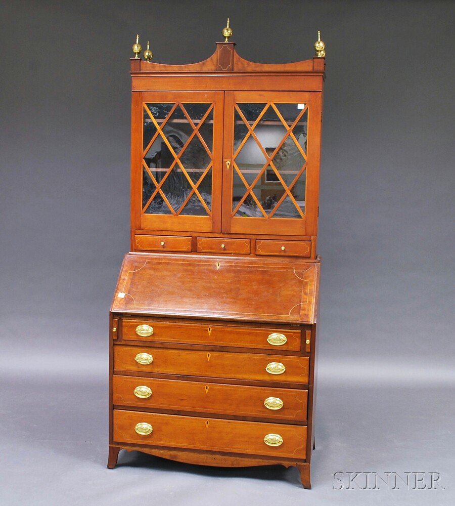 Appraisal: Federal-style Inlaid Cherry Glazed Two-part Desk Bookcase the upper section