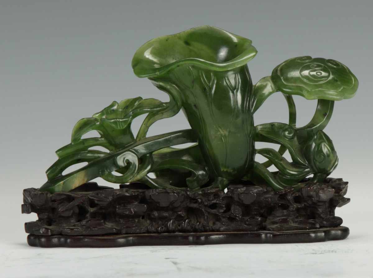 Appraisal: Fine Chinese Spinach Jade Carved Water Lily Early th cent