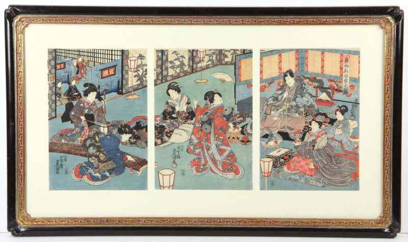 Appraisal: Japanese Woodblock Triptych by Utagawa Kunisada Toyokuni III attractively matted