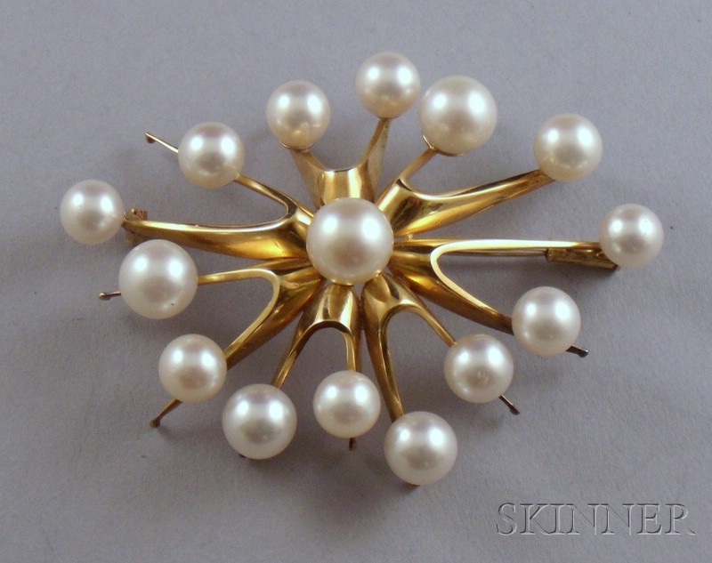 Appraisal: Modernist kt Gold and Cultured Pearl Sputnik Brooch x in