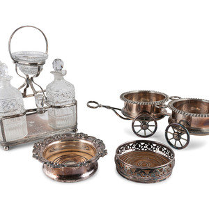 Appraisal: An English Silverplate Wine Trolley Decanter Caddy and Two Coasters