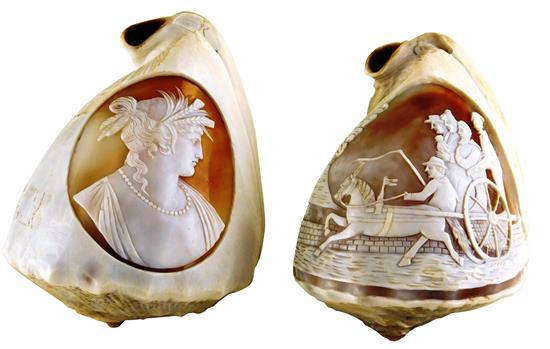 Appraisal: Pair of conch shells with cameo relief carvings one depicting