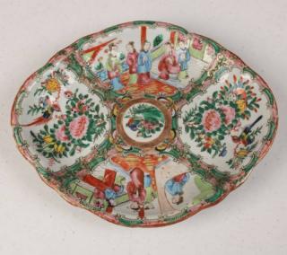 Appraisal: QUATREFOIL SHAPED ROSE MEDALLION DISH WITH FIGURAL PAINTED PANELS IN