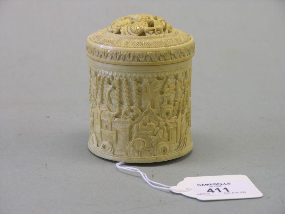 Appraisal: A Canton carved ivory box and cover finely carved with