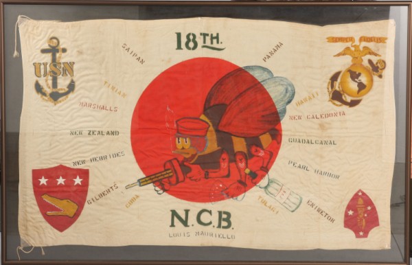 Appraisal: Painted WWII flag consisting of silk captured Japanese flag measuring