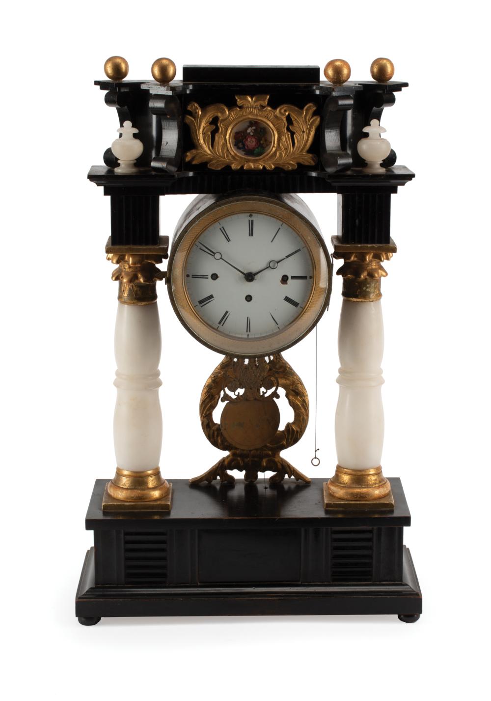 Appraisal: Continental Onyx Ebonized and Giltwood Portico Clock th c striking