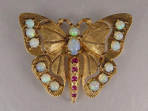 Appraisal: K OPAL RUBY BUTTERFLY BROOCH WATCH LAPEL PIN K yellow