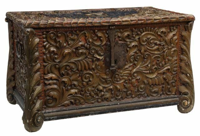 Appraisal: Italian polychrome walnut chest early th c heavily carved with