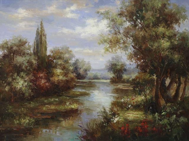 Appraisal: Framed oil on canvas painting Riverside Scene signed lower left