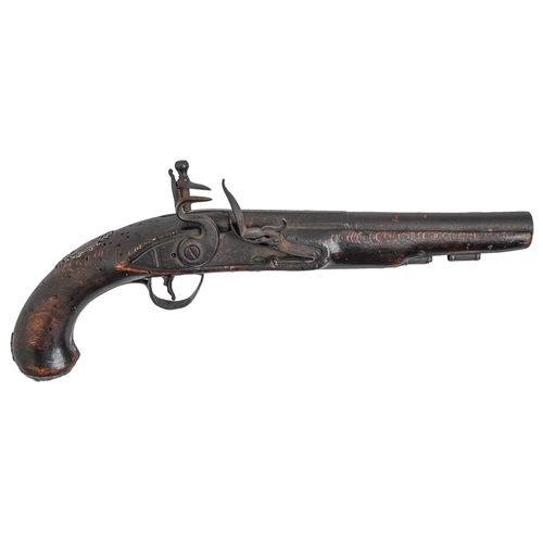 Appraisal: An English bore silver-mounted flintlock pistol the steel barrel octagonal