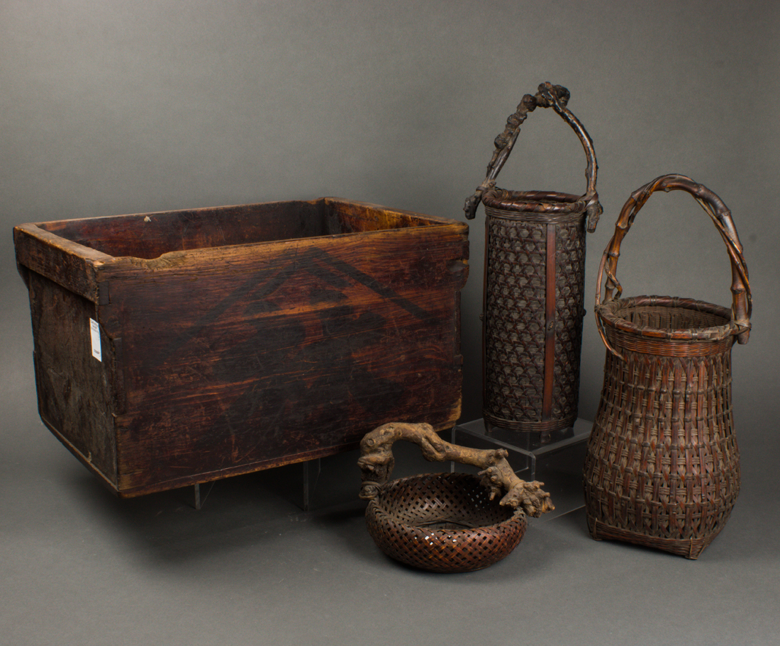 Appraisal: LOT OF JAPANESE WOVEN BAMBOO IKEBANA BASKETS AND WOOD BOX