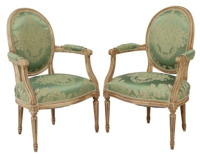 Appraisal: pair French Louis XVI style armchairs th c painted frames