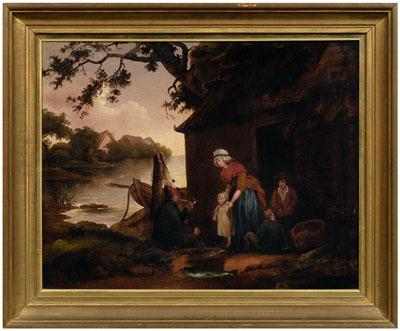 Appraisal: Painting after George Morland fisherman s family outside a cottage