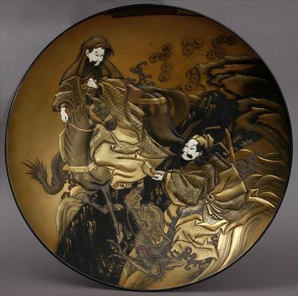 Appraisal: JAPANESE IVORY-MOUNTED LACQUERED CHARGER Relief decorated with an encounter of