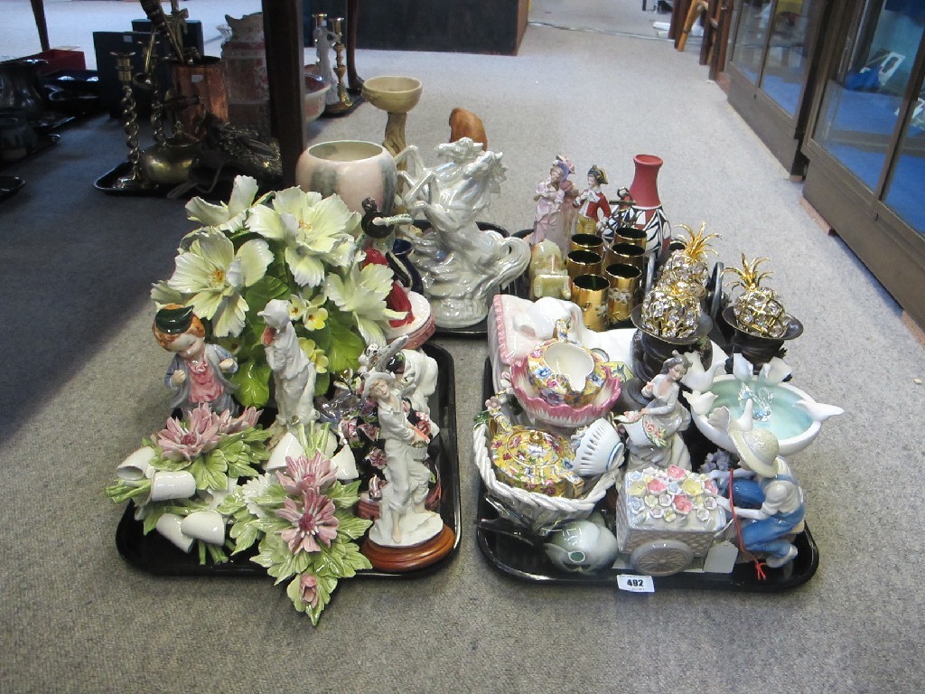 Appraisal: Four trays of assorted ceramics and glass figures flower ornament