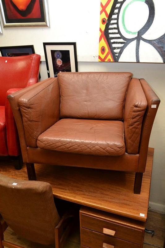 Appraisal: A 'S BROWN LEATHER DANISH ARMCHAIR A 'S BROWN LEATHER