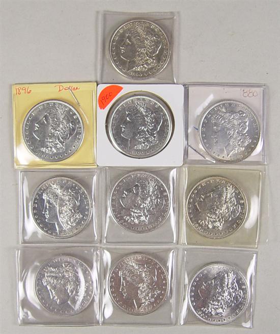 Appraisal: Ten Morgan Dollars in Higher Grades Dates include -S -O