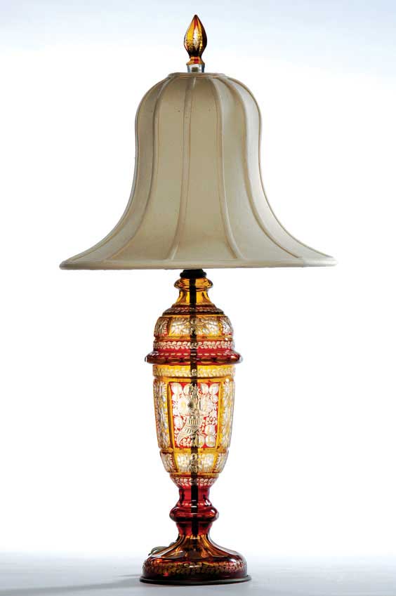 Appraisal: BOHEMIAN RUBY FLASHED LAMP Bohemian ruby gold-flashed and etched glass