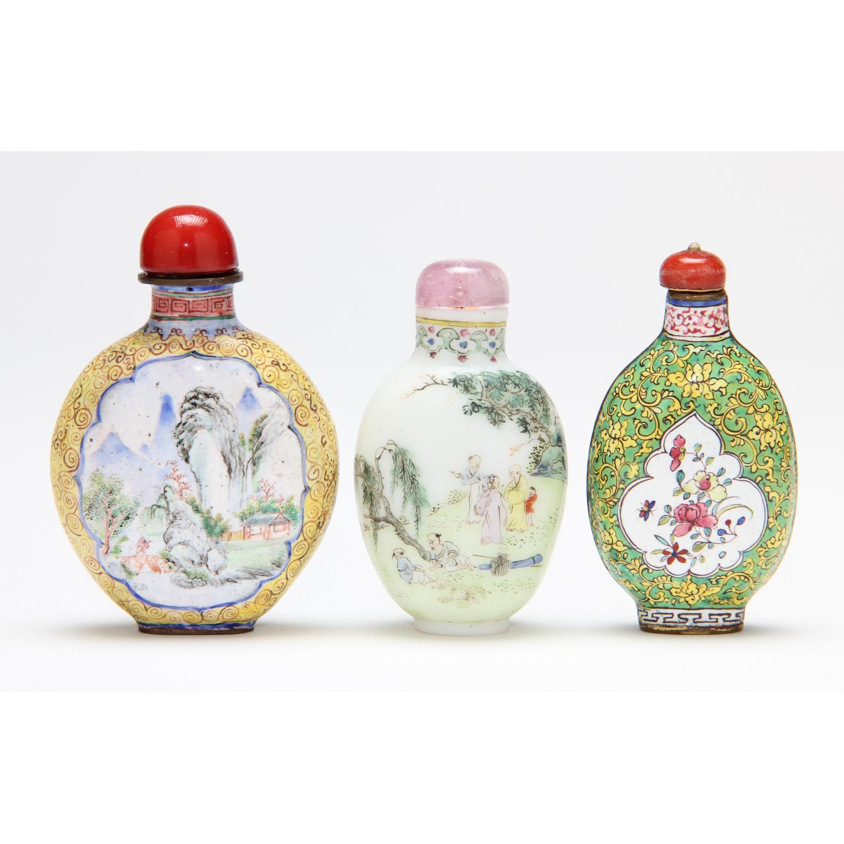 Appraisal: Three Chinese Snuff Bottles the first an enamel painted white