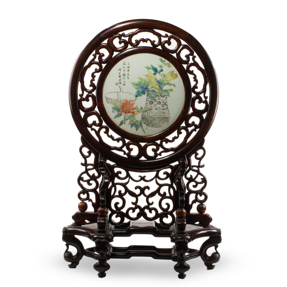 Appraisal: CHINESE ENAMELED PORCELAIN PLAQUE TABLE SCREEN Chinese enameled porcelain plaque