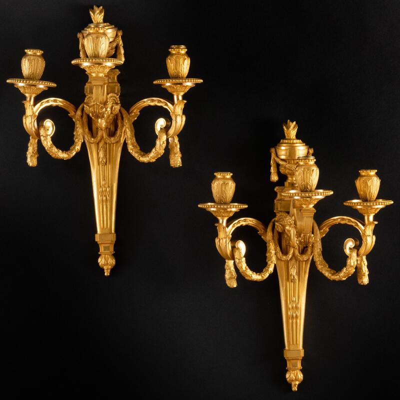 Appraisal: Pair of Louis XVI Style Gilt-Bronze Three-Light Wall Sconces x