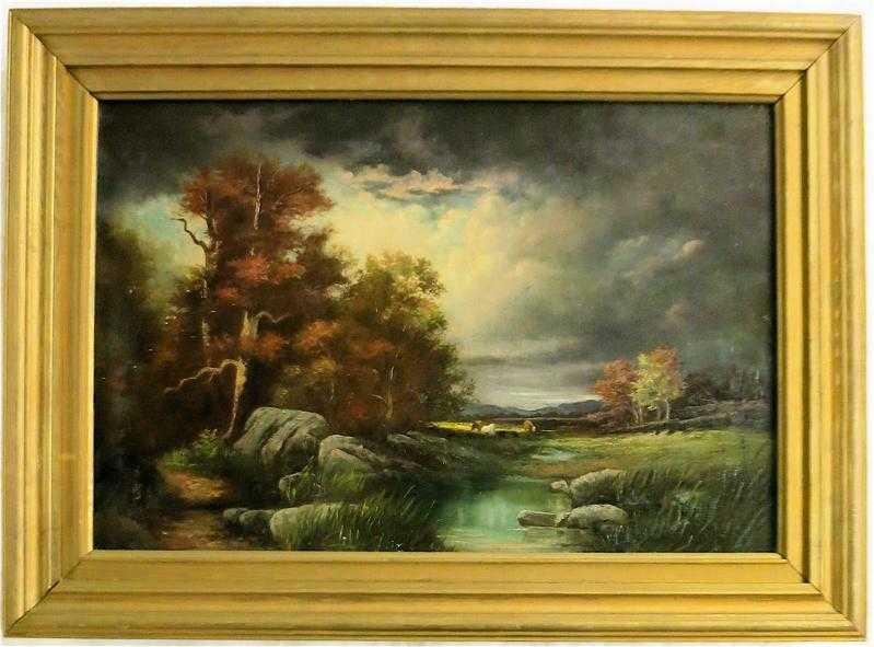 Appraisal: STORMY AUTUMN LANDSCAPE OIL ON CANVAS MOUNTED TO BOARD Image