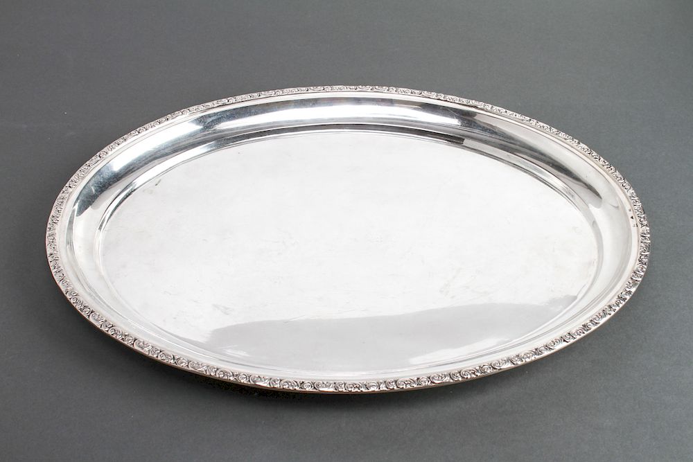 Appraisal: Continental Silver Oblong Tray w Scroll Border Continental silver oblong