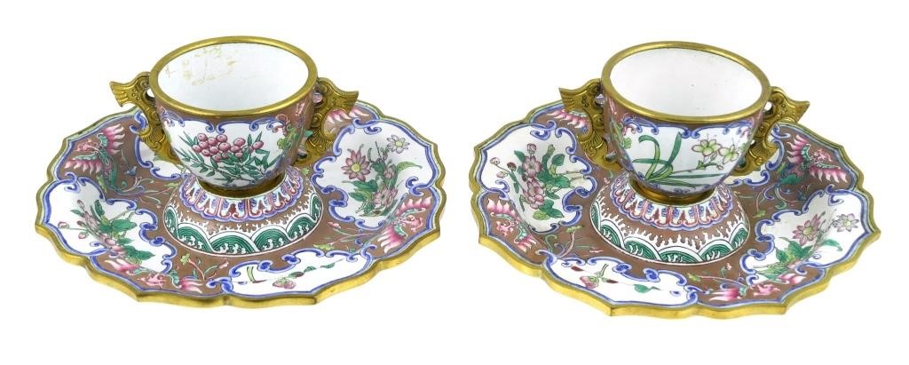 Appraisal: Pair of Chinese enamel teacup and saucers with floral and