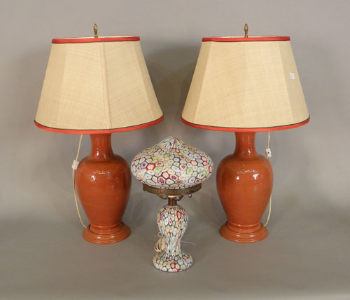 Appraisal: Pair redware table lamps together with a millefiori table lamp